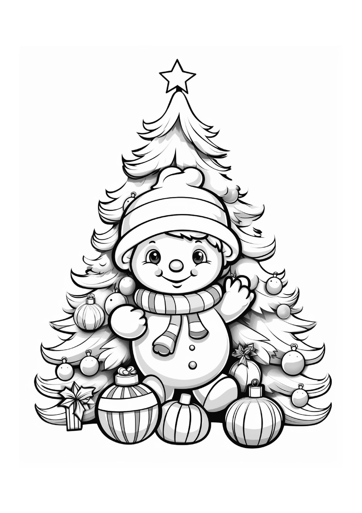 Coloriage bonhomme de neige cadeaux pres sapin