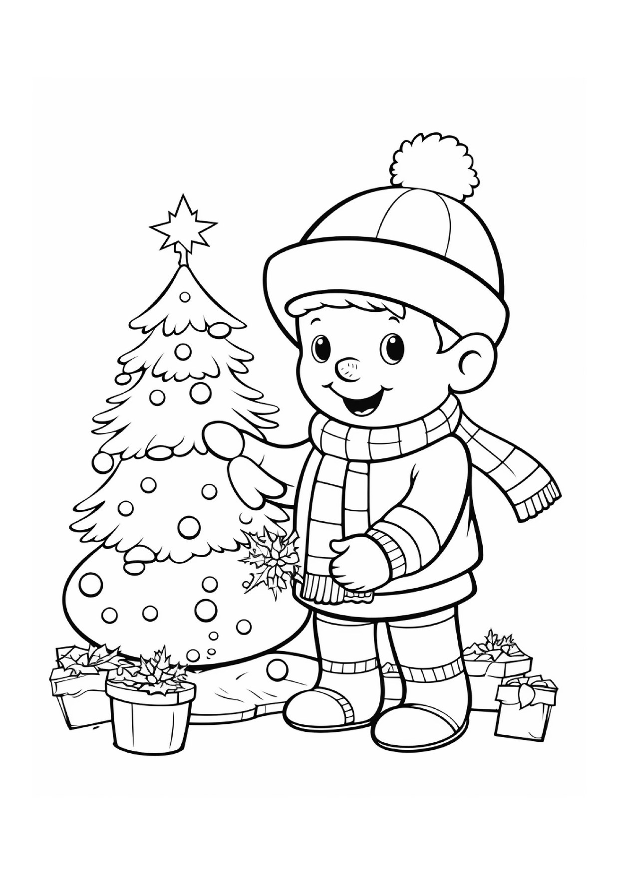 Coloriage bonhomme de neige pres sapin cadeaux