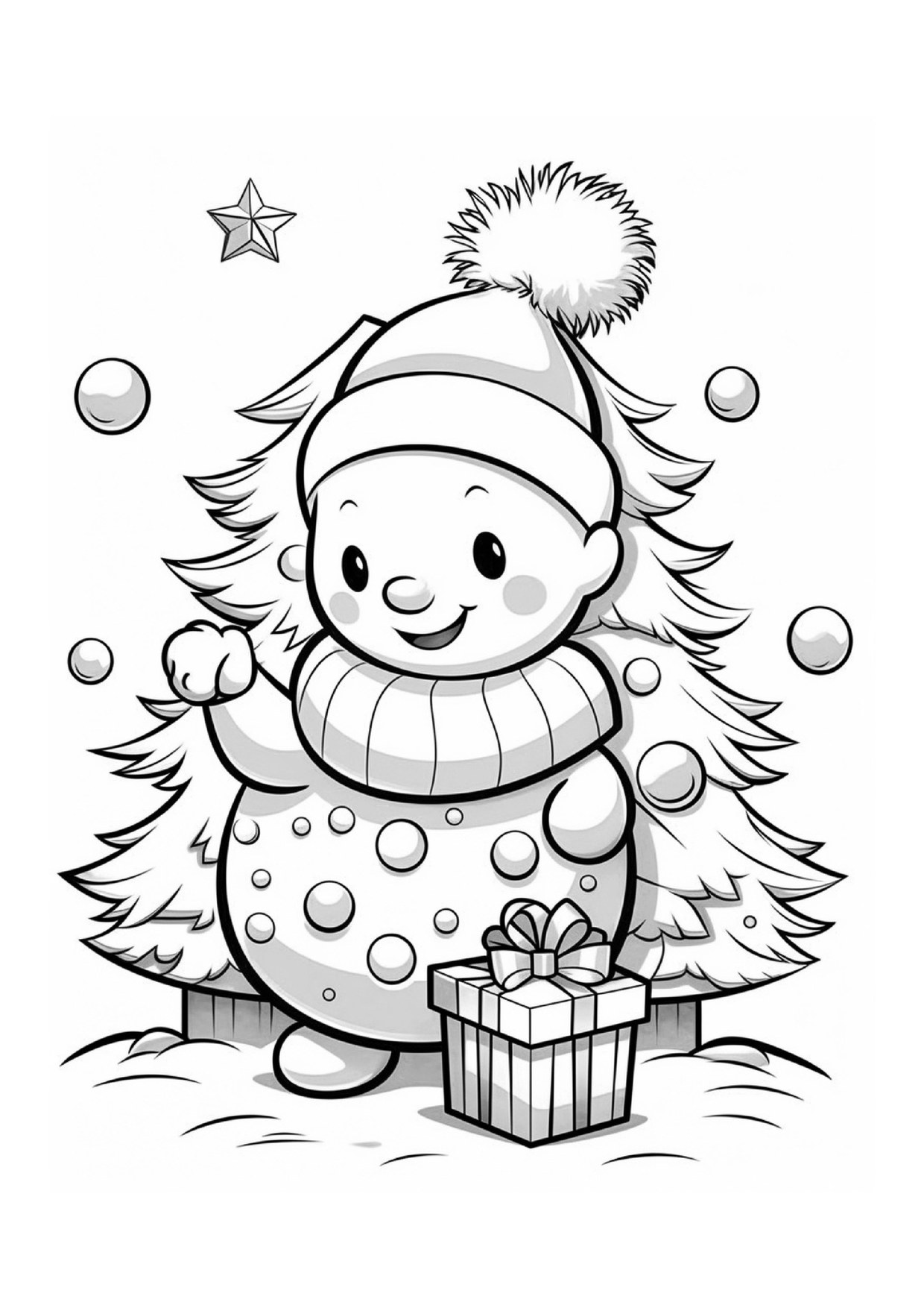 Coloriage bonhomme de neige pres sapin cadeaux 3