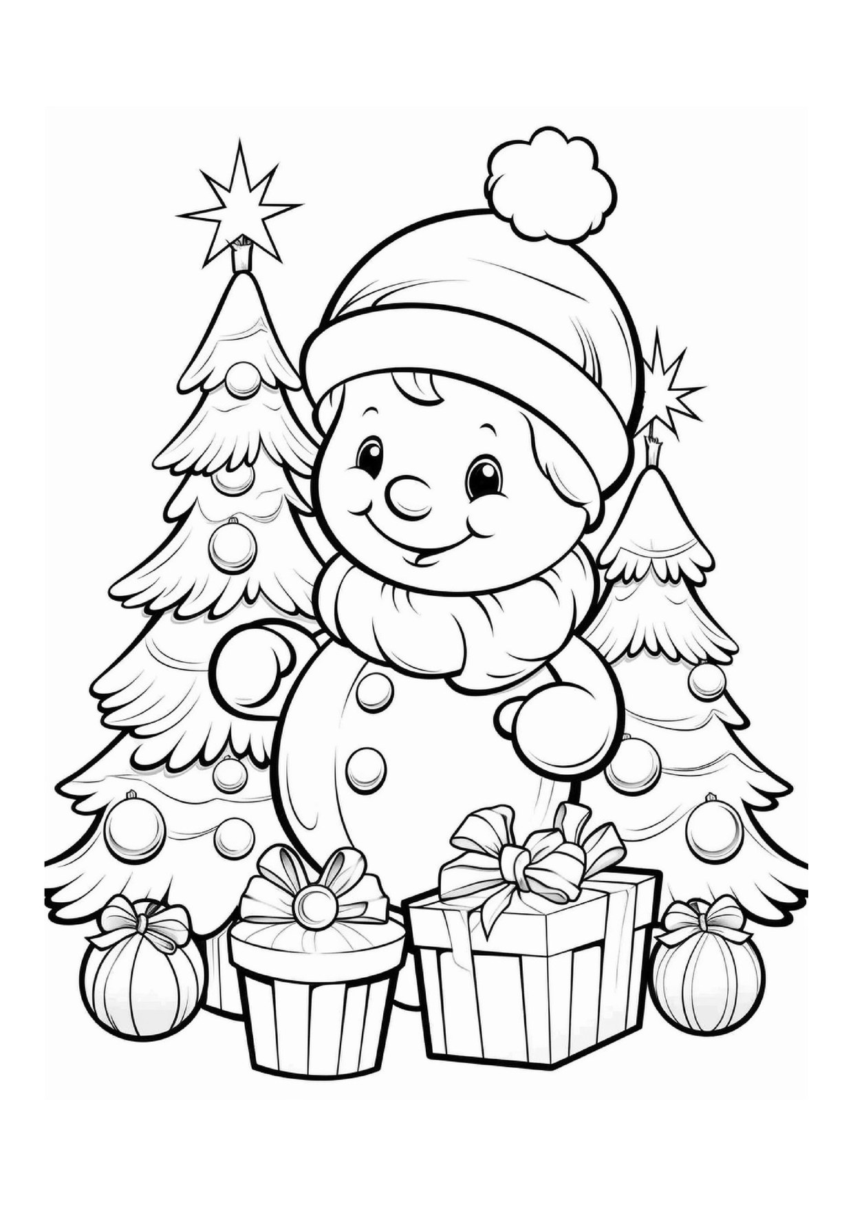 Coloriage bonhomme de neige pres sapin cadeaux 4