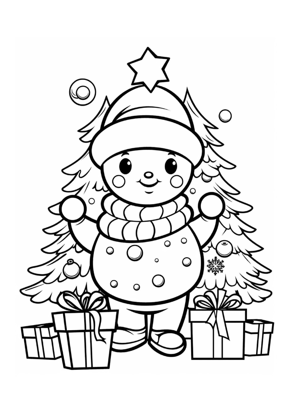 Coloriage bonhomme de neige pres sapin cadeaux 5