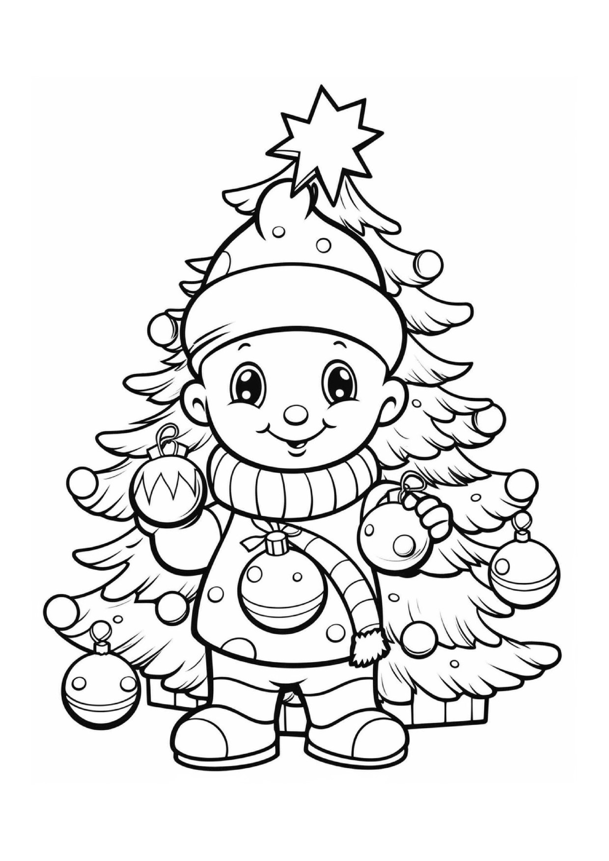 Coloriage bonhomme de neige pres sapin decore