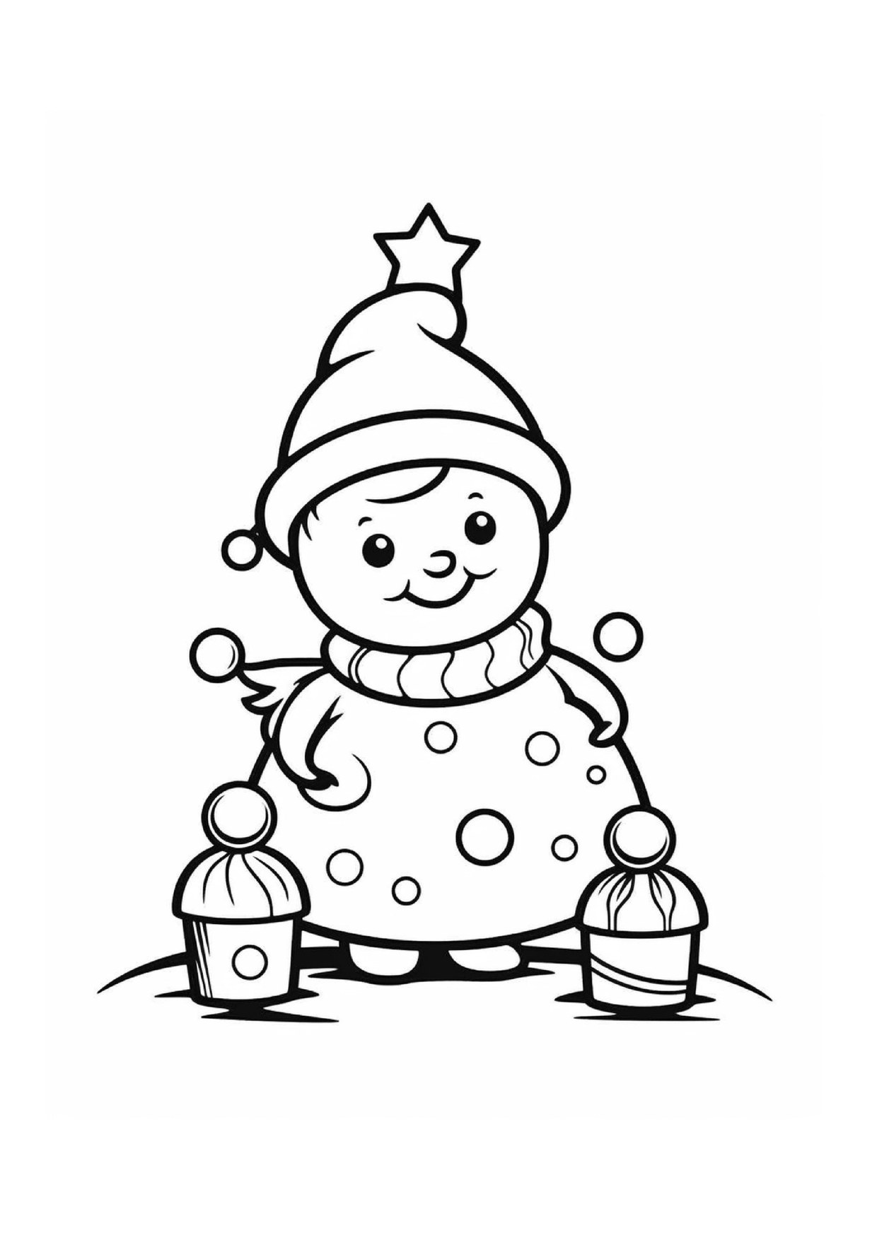 Coloriage bonhomme de neige pres sapin paniers