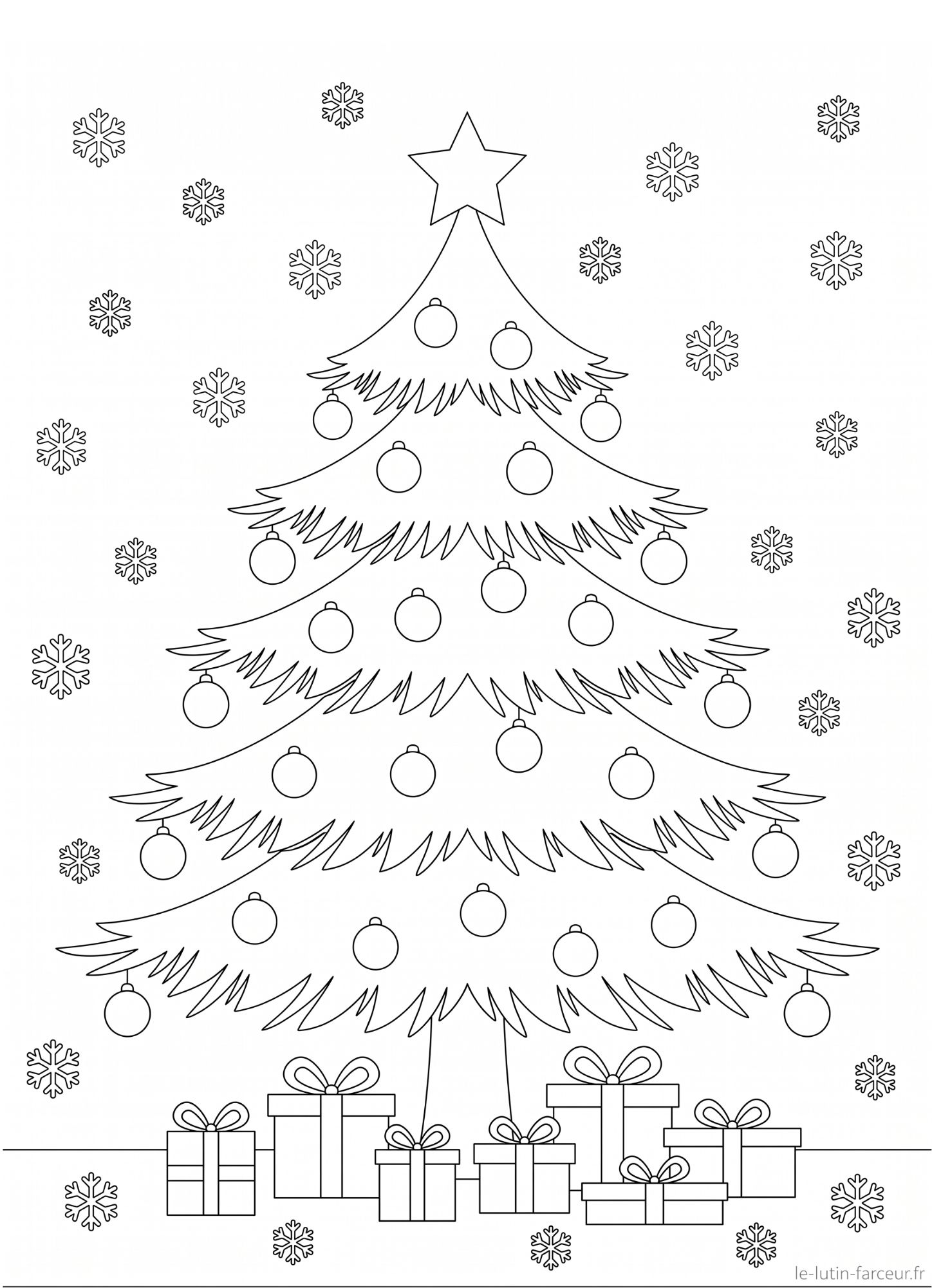Coloriage de sapin de Noël avec boules, flocons et cadeaux