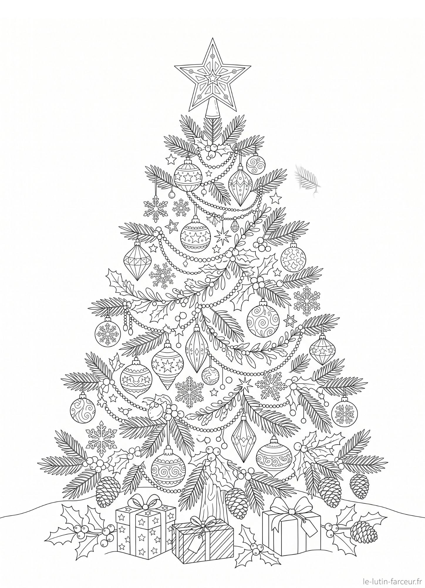 Coloriage de sapin de Noël avec boules, houx et cadeaux