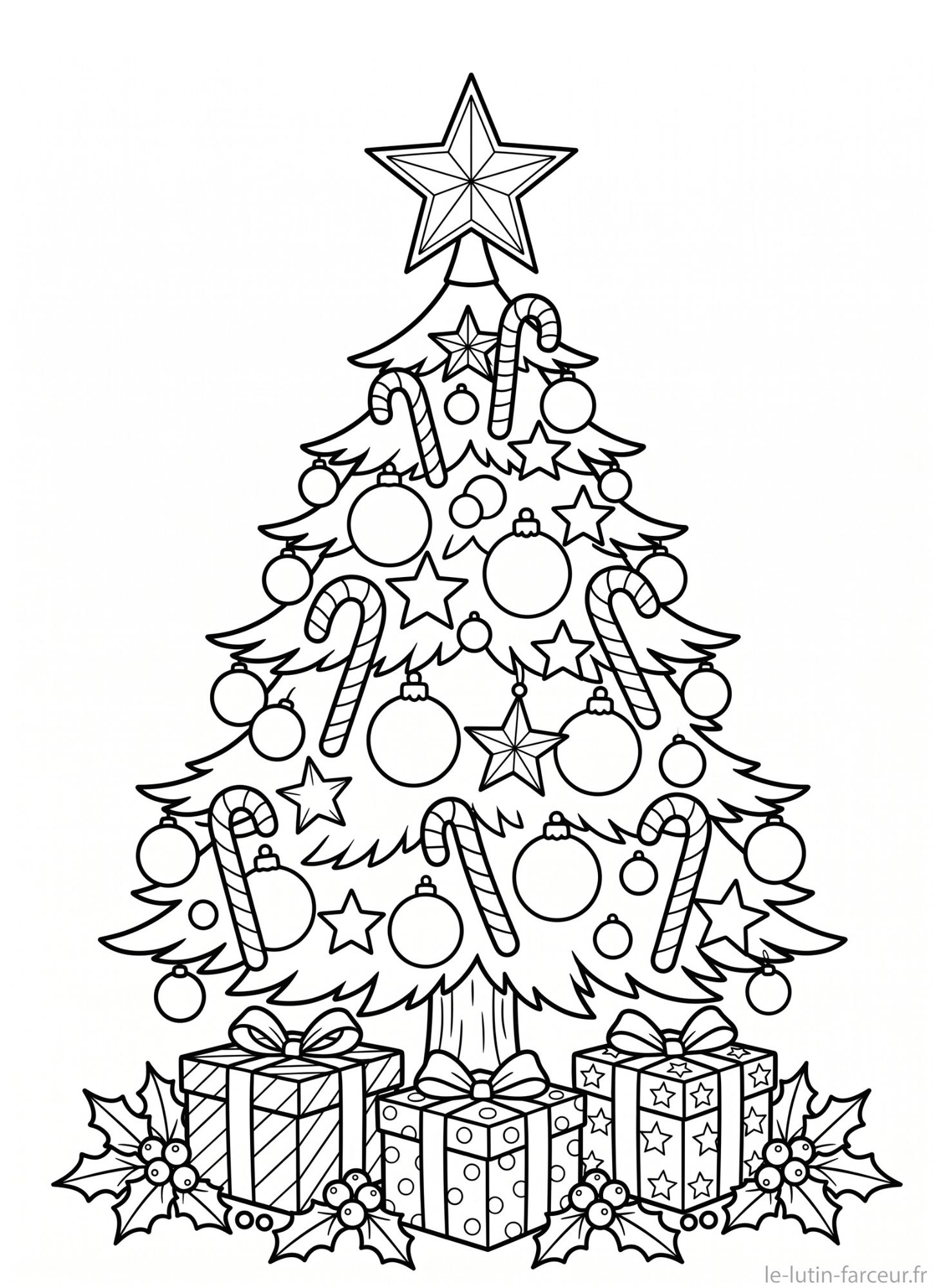 Coloriage de sapin de Noël décoré avec sucres d'orge et cadeaux