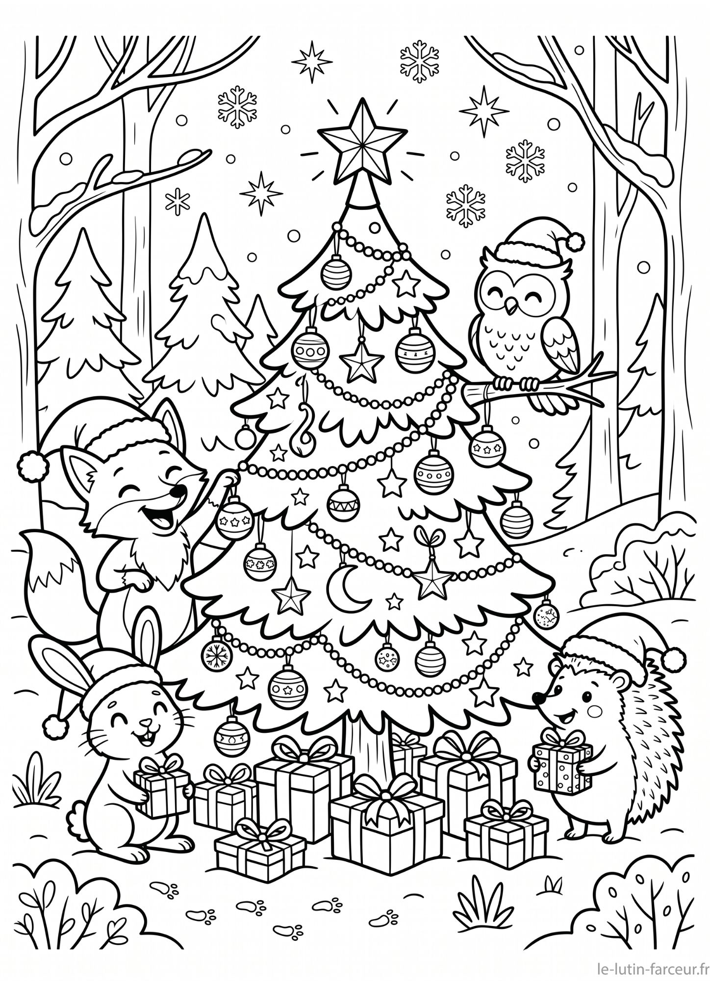 Coloriage de sapin de Noël en forêt avec renard, lapin et hibou