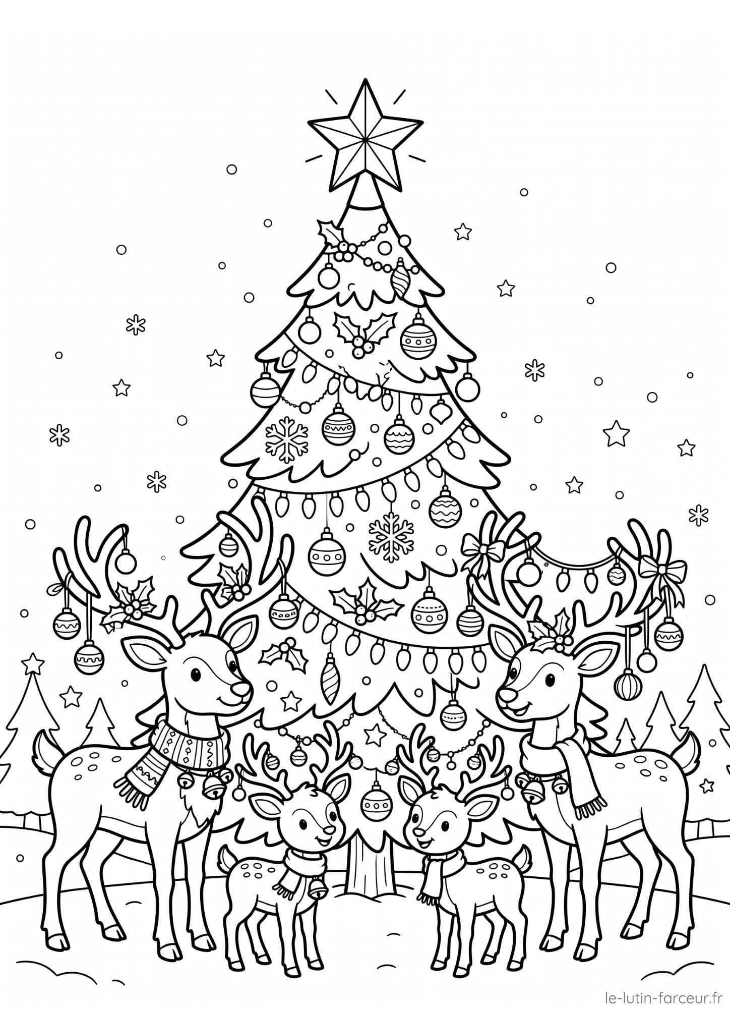 Coloriage de sapin de Noël entouré d'une famille de cerfs