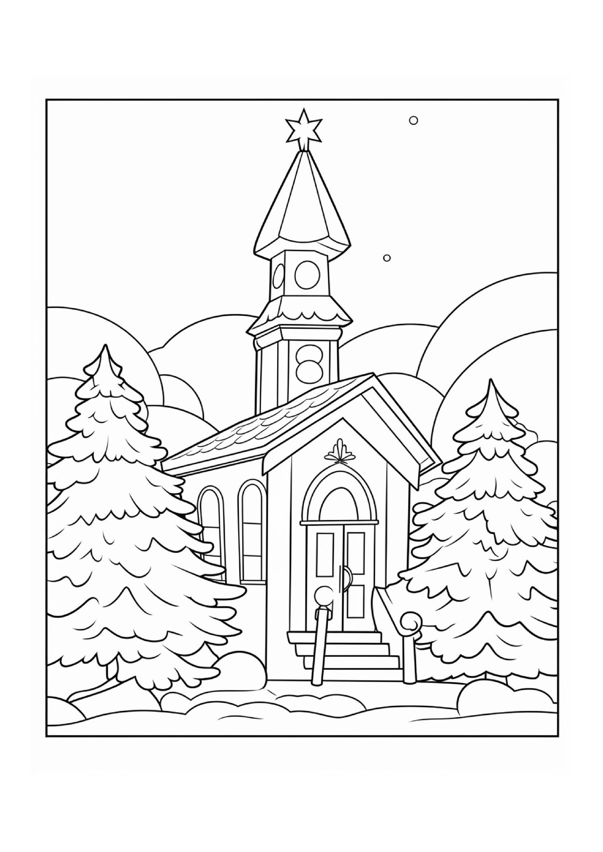 Coloriage de village de Noël : église enneigée paysage, à imprimer et colorier
