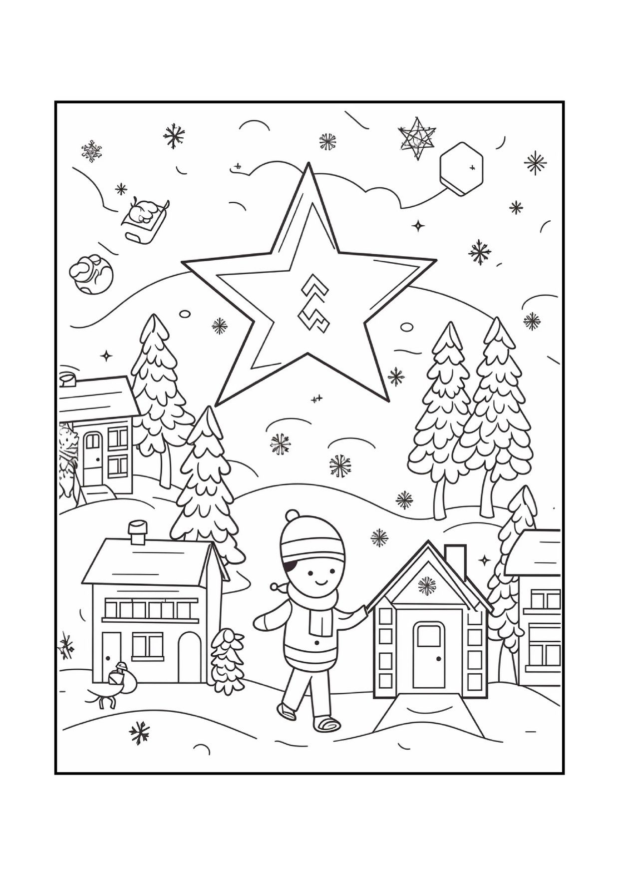 Coloriage de village de Noël : enfant village enneigé étoile, à imprimer et colorier
