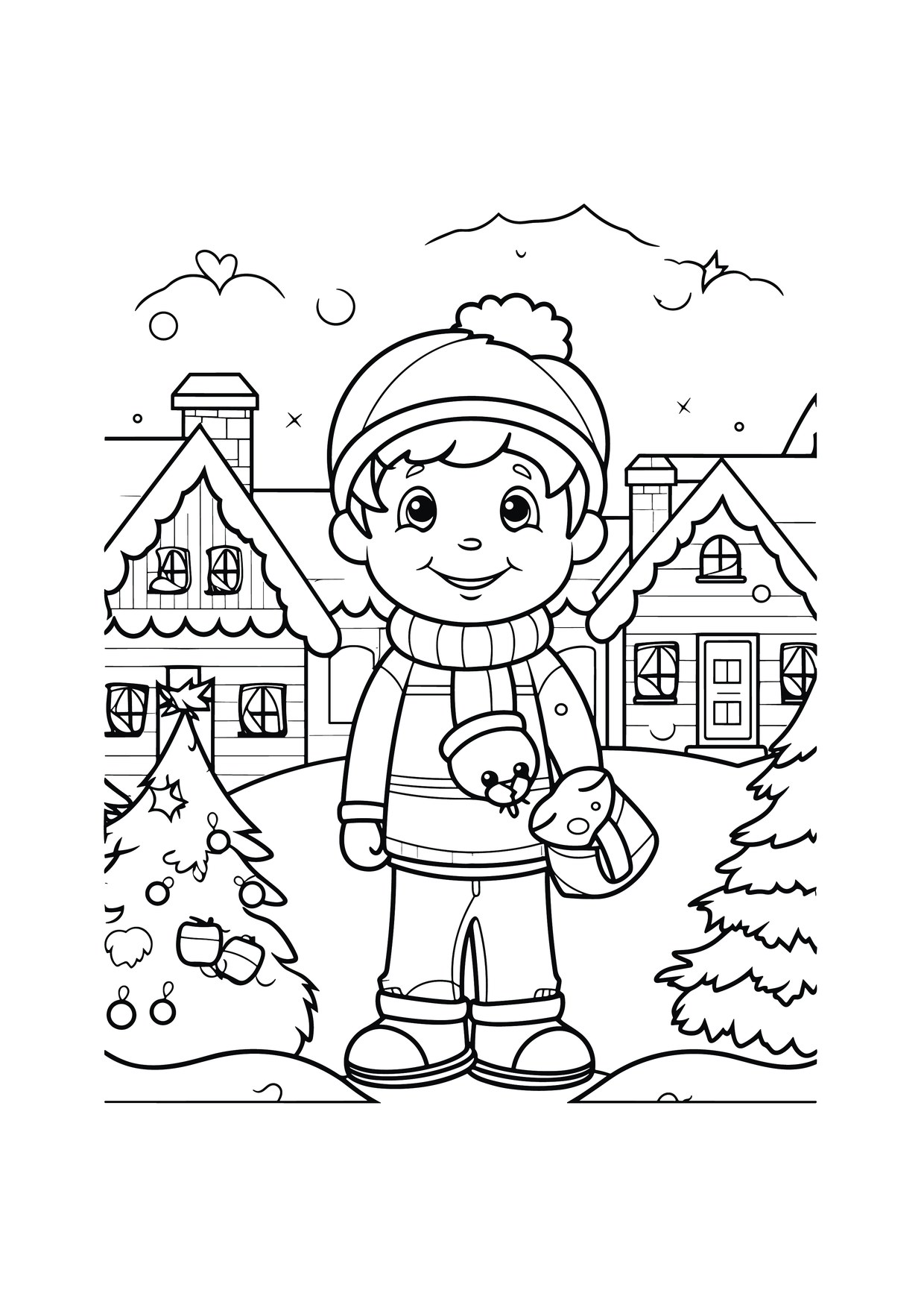 Coloriage de village de Noël : garçon village enneigé sapin, à imprimer et colorier