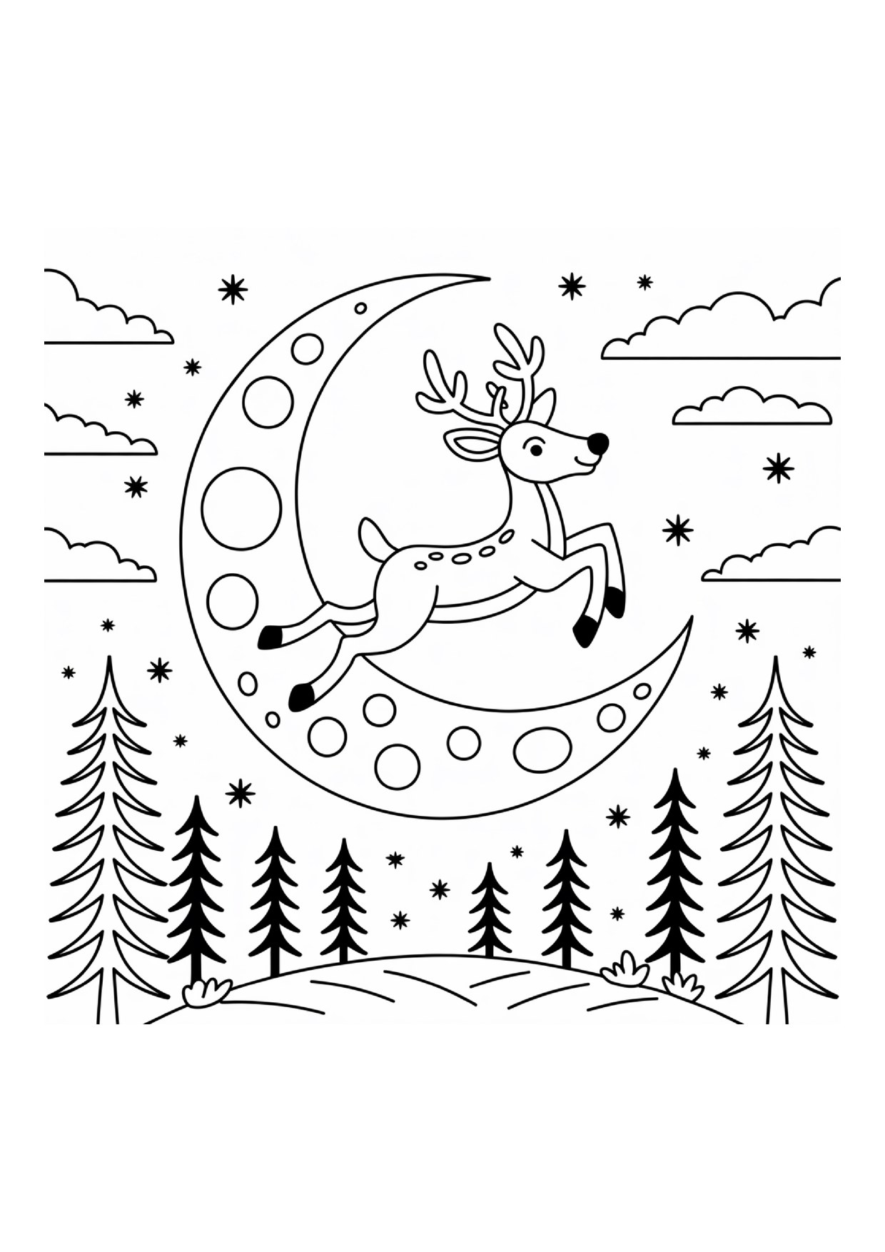 Coloriage renne lune sapins