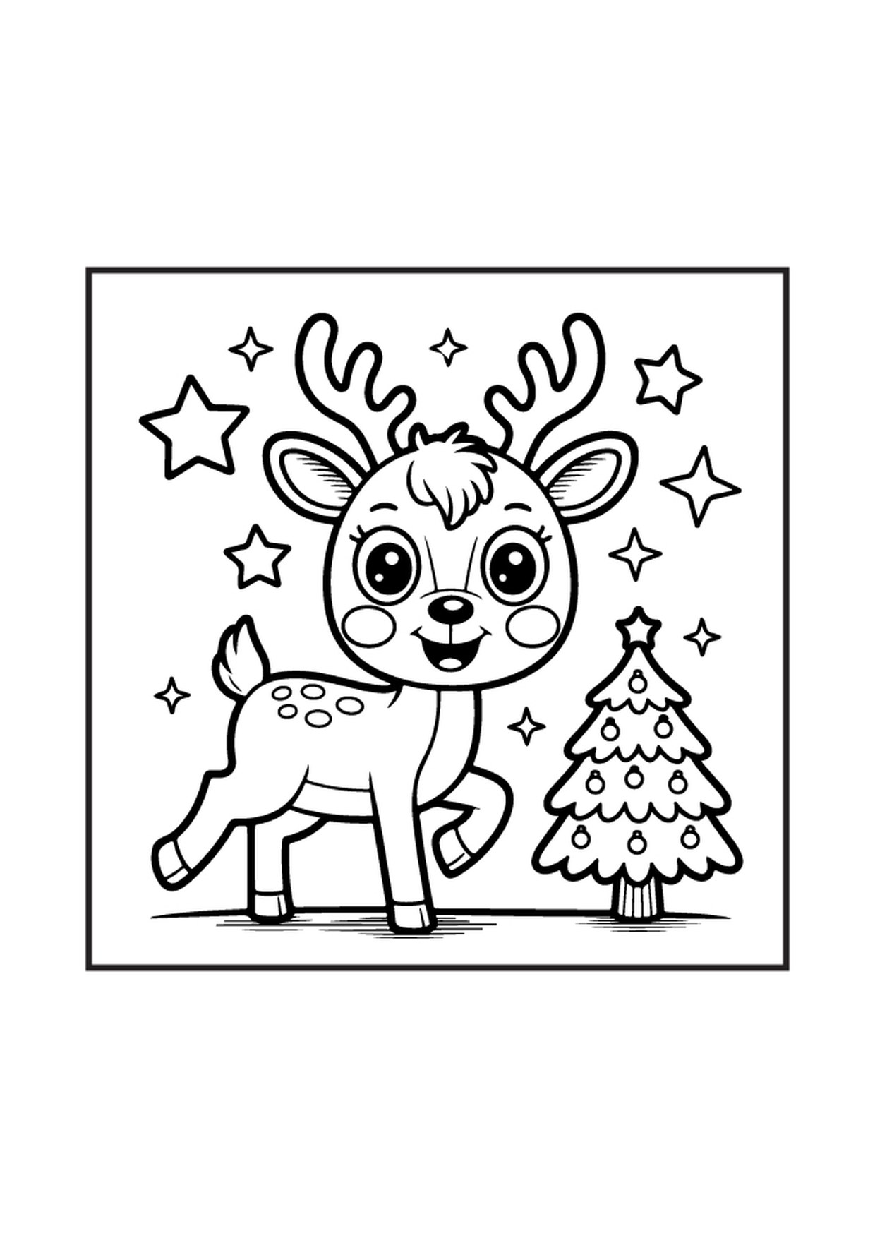 Coloriage renne mignon avec sapin 2