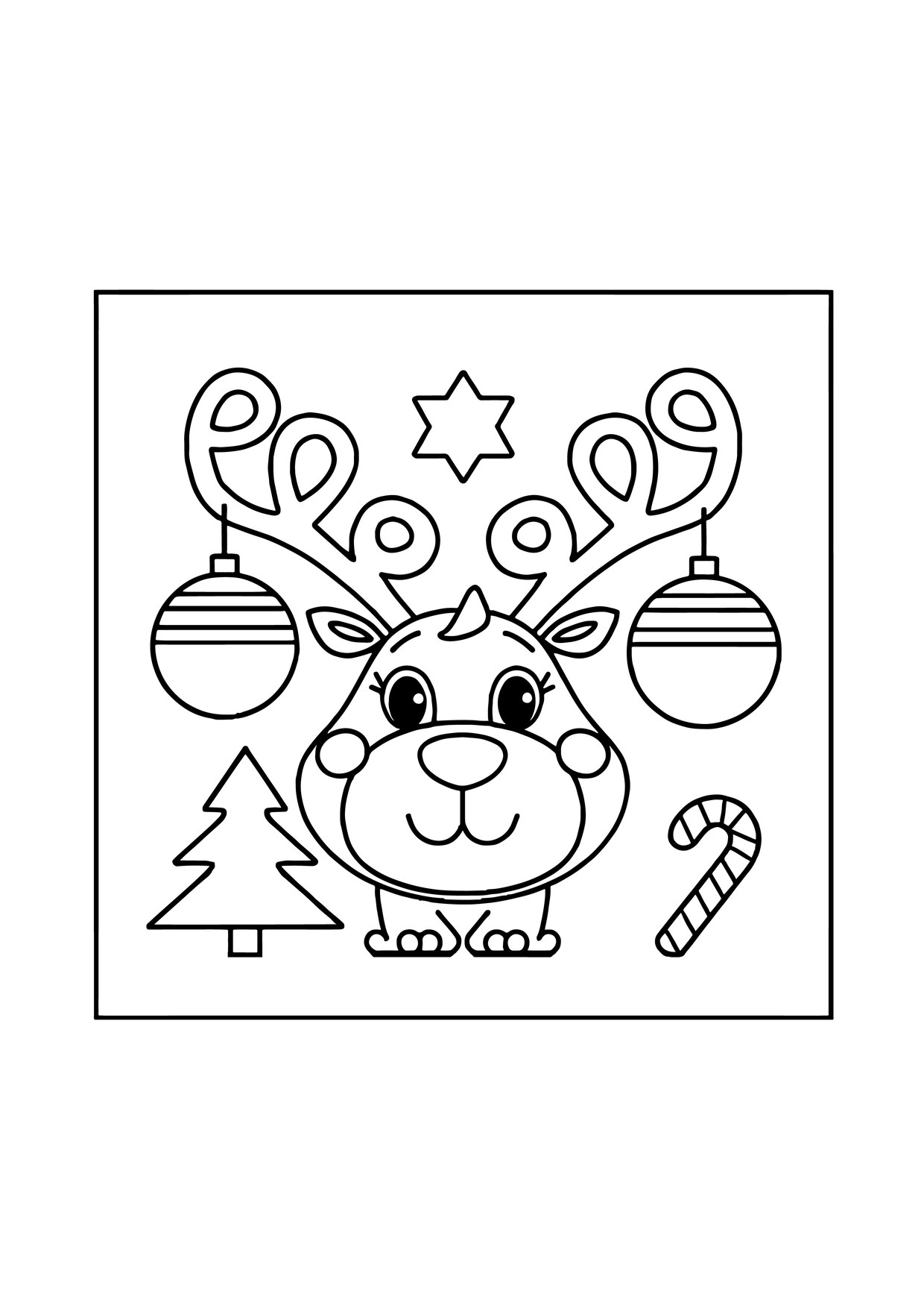 Coloriage renne mignon boules sapin