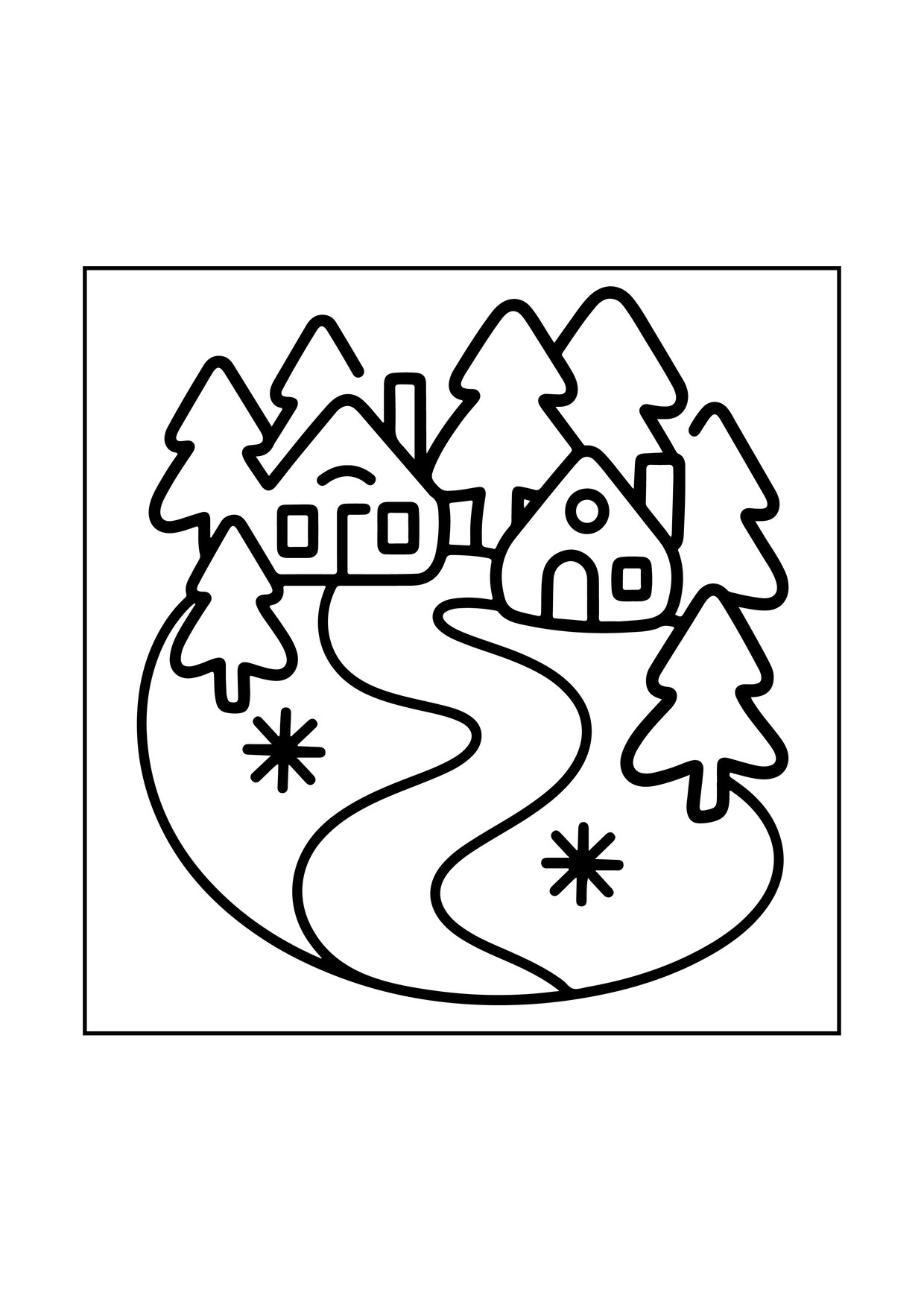 Coloriage de village de Noël : village enneigé maisons sapins, à imprimer et colorier