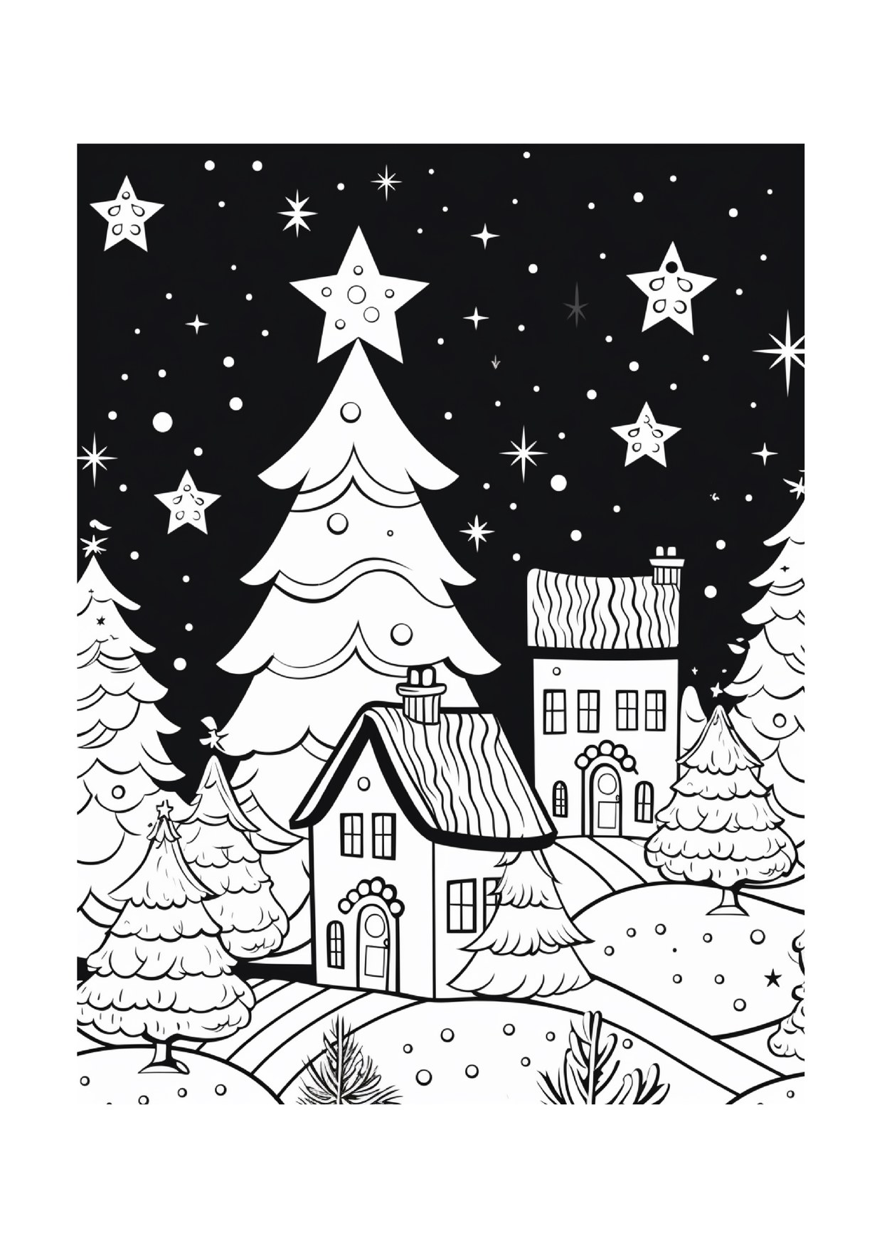 Coloriage de village de Noël : village enneigé nuit étoilée, à imprimer et colorier