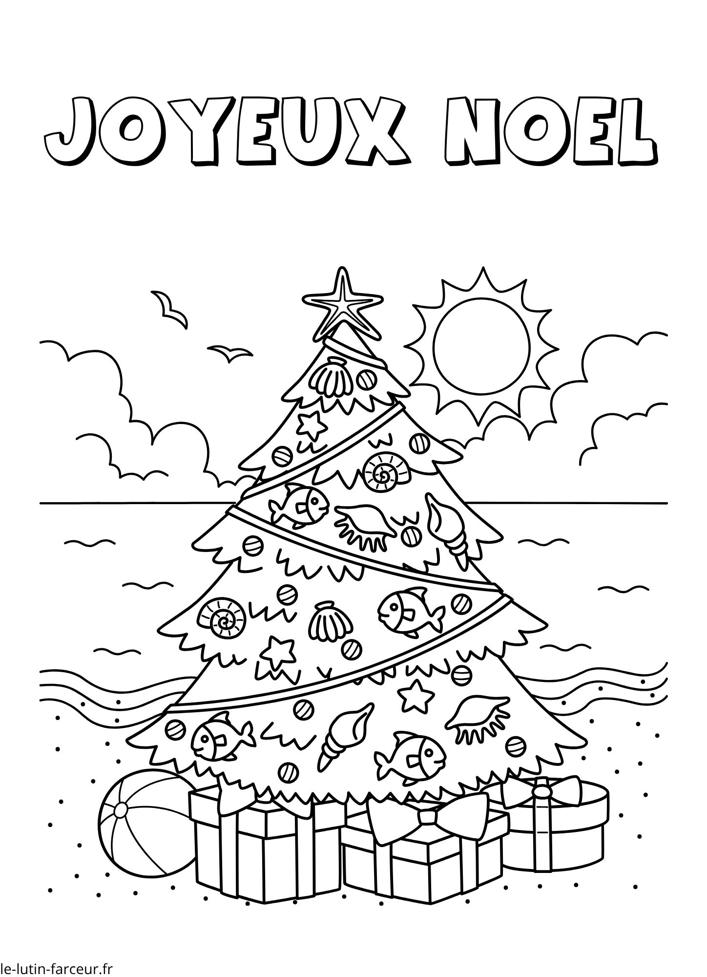 Sapin de Noël en pot avec guirlandes, texte Joyeux Noël